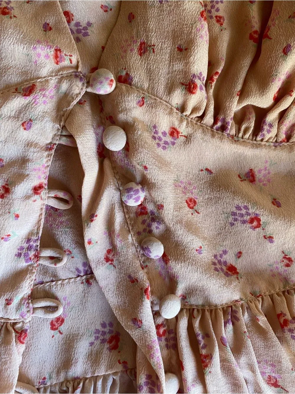 LoveShackFancy Peach Floral V‑Neck Peplum Blouse Silk Sz M
